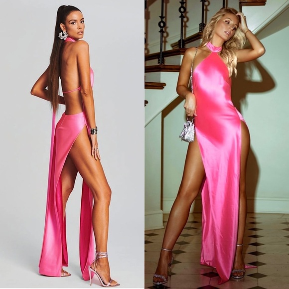 NWT RETROFETE Satin Draped Sash Halter Neck Sleeveless Open Back Maxi Dress S - Picture 1 of 11